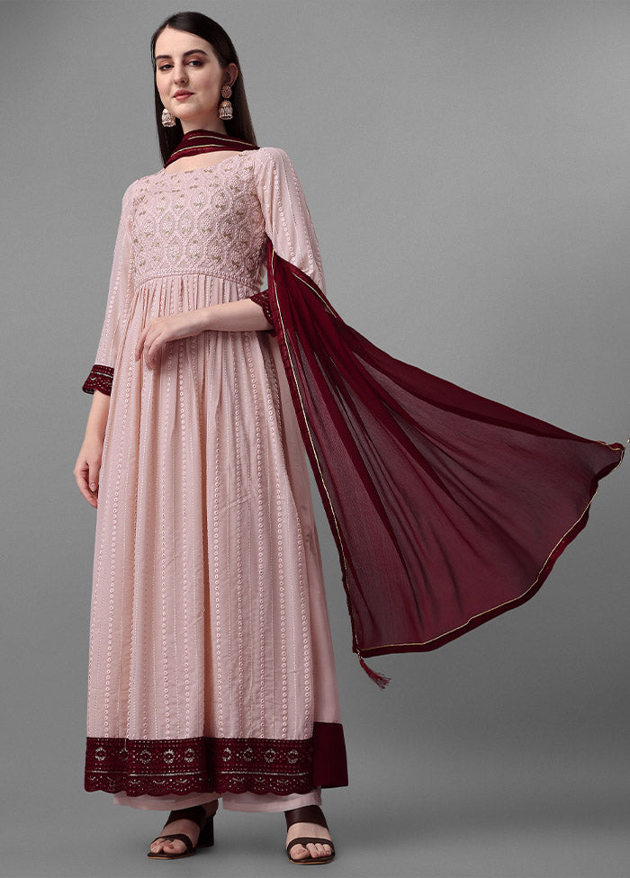 3 Pc Pink Unstitched Georgette Suit Set - Indian Silk House Agencies