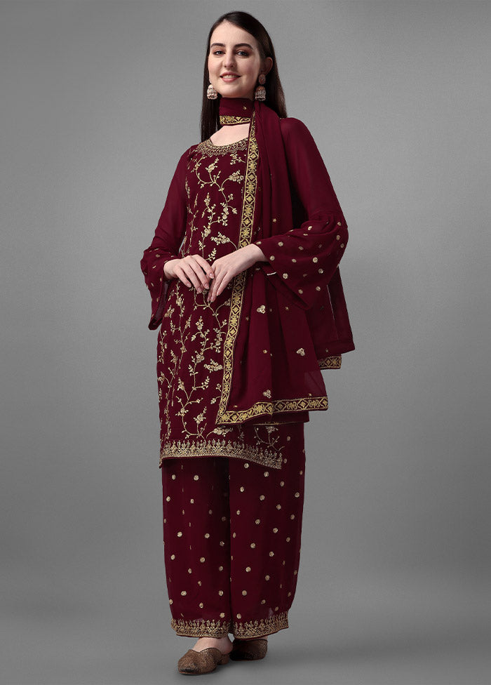 3 Pc Maroon Unstitched Georgette Suit Set - Indian Silk House Agencies