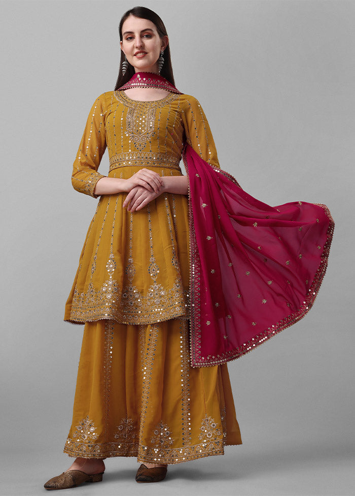 3 Pc Mustard Unstitched Georgette Suit Set - Indian Silk House Agencies