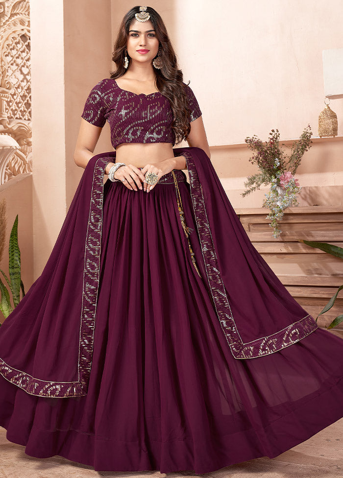 3 Pc Purple Georgette Semi Stitched Lehenga Set - Indian Silk House Agencies