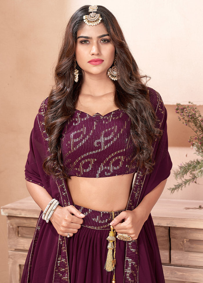 3 Pc Purple Georgette Semi Stitched Lehenga Set - Indian Silk House Agencies