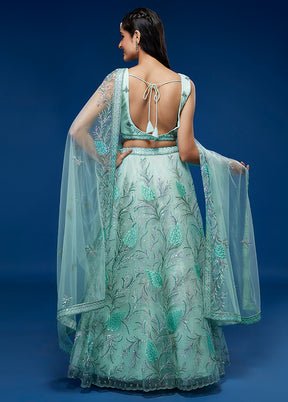 3 Pc Turquoise Net Semi Stitched Lehenga Set - Indian Silk House Agencies