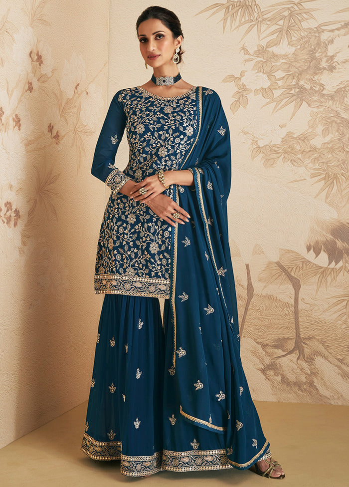 3 Pc Blue Unstitched Georgette Suit Set - Indian Silk House Agencies