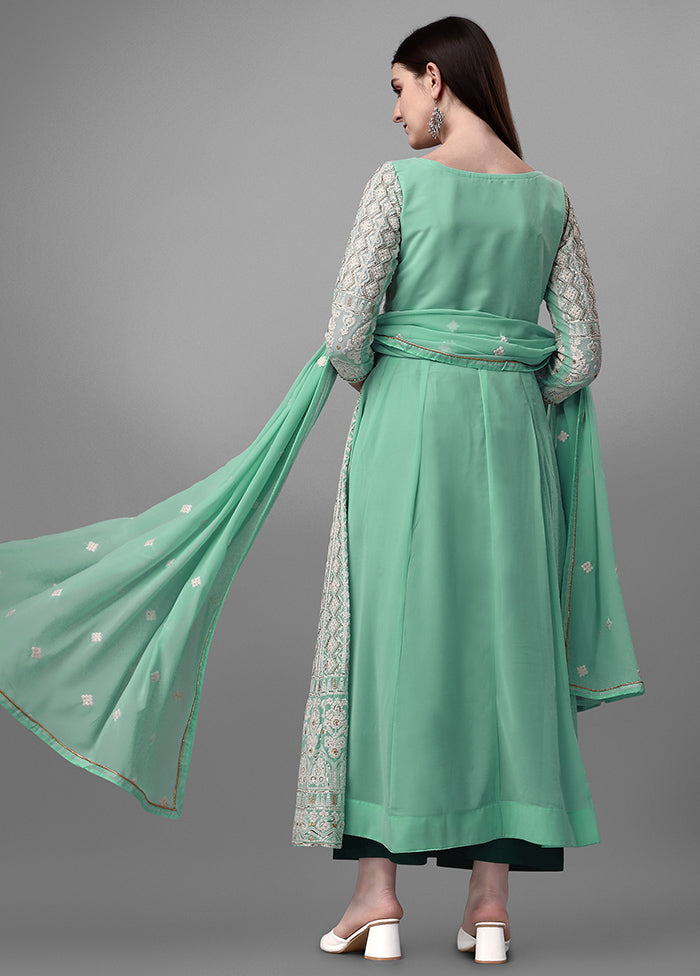 3 Pc Sea Green Unstitched Georgette Suit Set - Indian Silk House Agencies