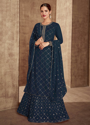 3 Pc Blue Unstitched Georgette Suit Set - Indian Silk House Agencies