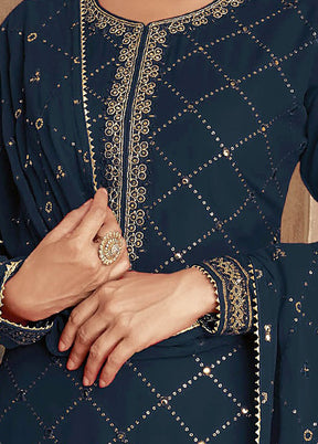 3 Pc Blue Unstitched Georgette Suit Set - Indian Silk House Agencies