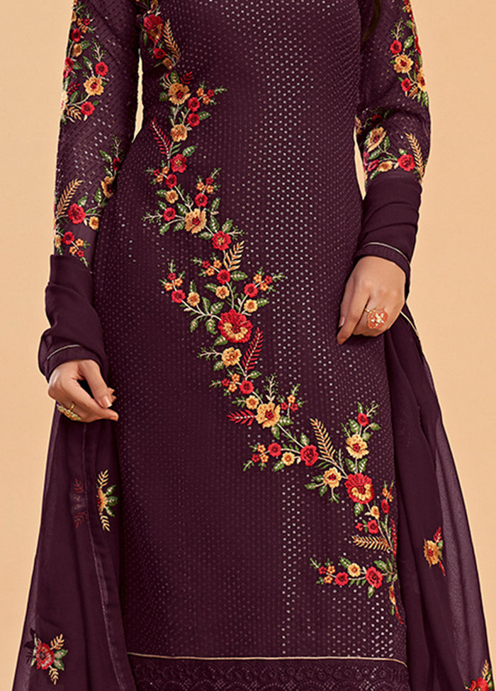 3 Pc Wine Semi Stitched Georgette Suit Set - Indian Silk House Agencies
