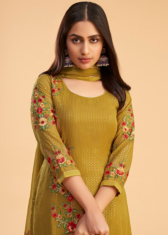 3 Pc Yellow Semi Stitched Georgette Suit Set - Indian Silk House Agencies