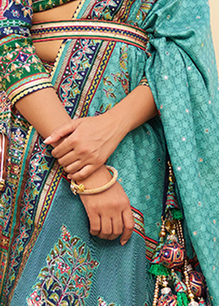 3 Pc Blue Silk Semi Stitched Lehenga Set - Indian Silk House Agencies