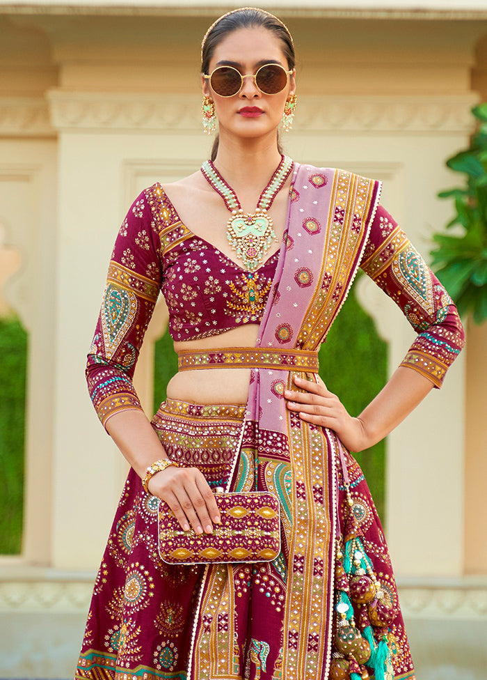 3 Pc Maroon Silk Semi Stitched Lehenga Set - Indian Silk House Agencies