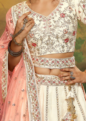 3 Pc Off White Silk Semi Stitched Lehenga Set - Indian Silk House Agencies
