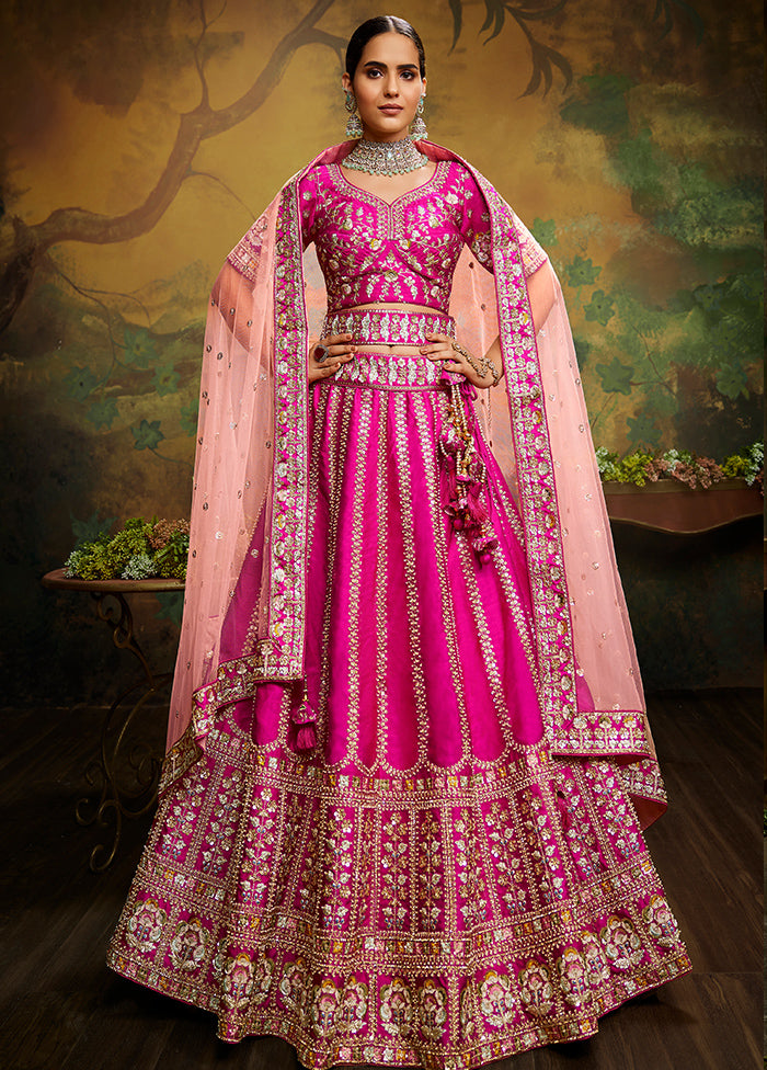 3 Pc Pink Silk Semi Stitched Lehenga Set - Indian Silk House Agencies