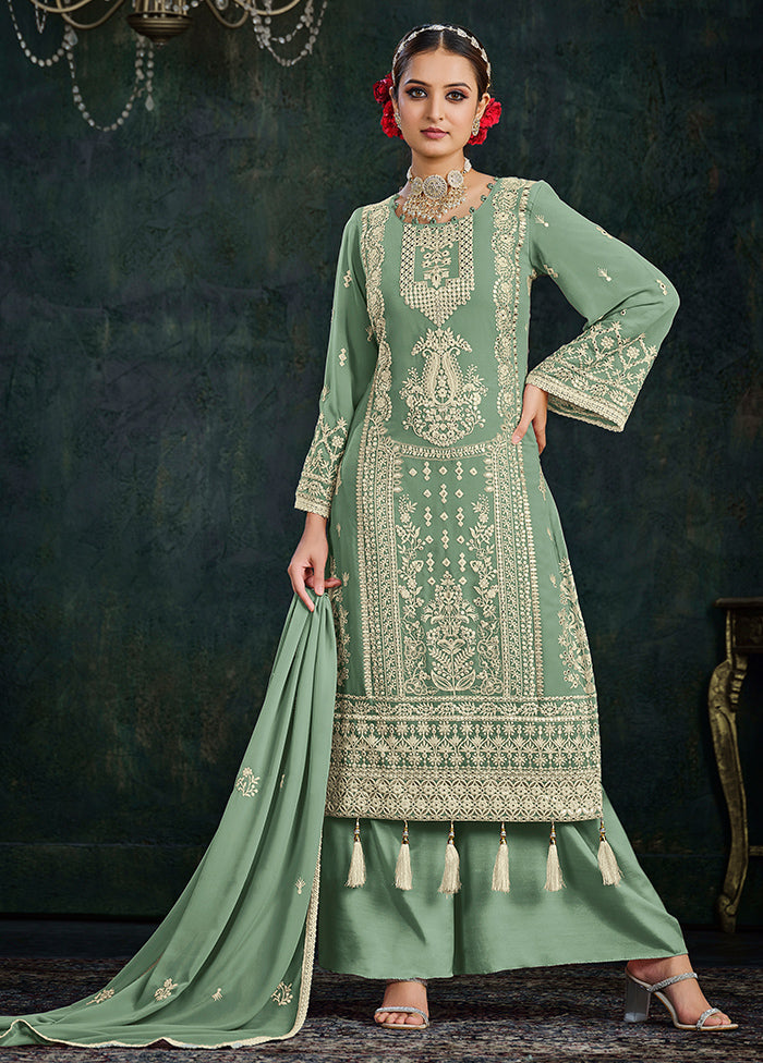 3 Pc Pista Green Semi Stitched Georgette Suit Set - Indian Silk House Agencies