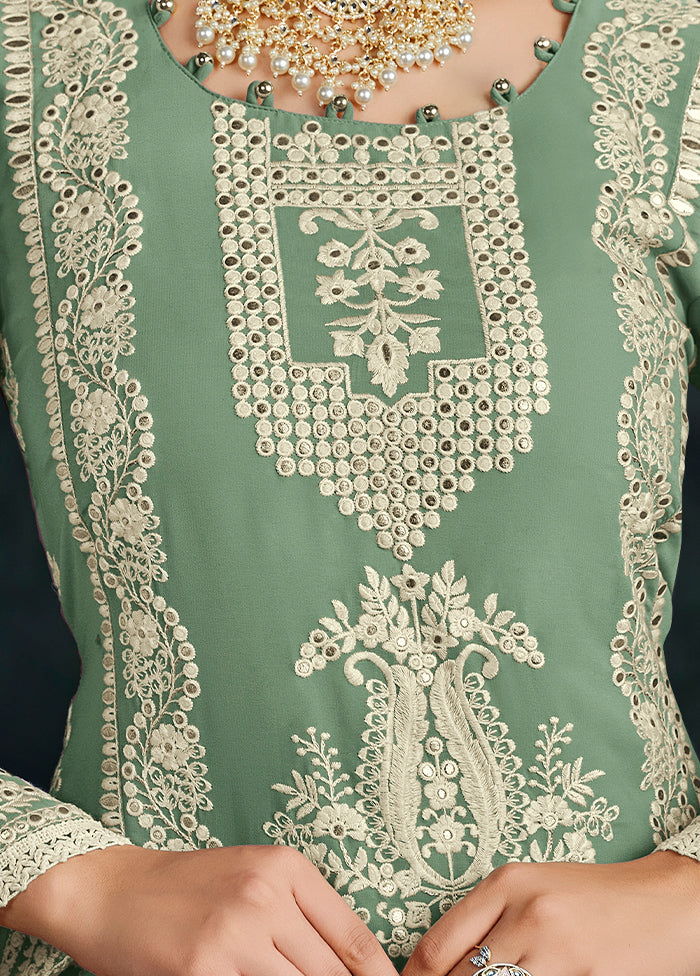 3 Pc Pista Green Semi Stitched Georgette Suit Set - Indian Silk House Agencies