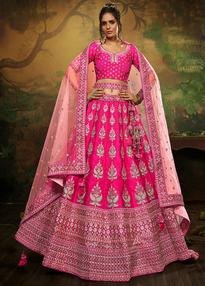 3 Pc Pink Silk Semi Stitched Lehenga Set - Indian Silk House Agencies