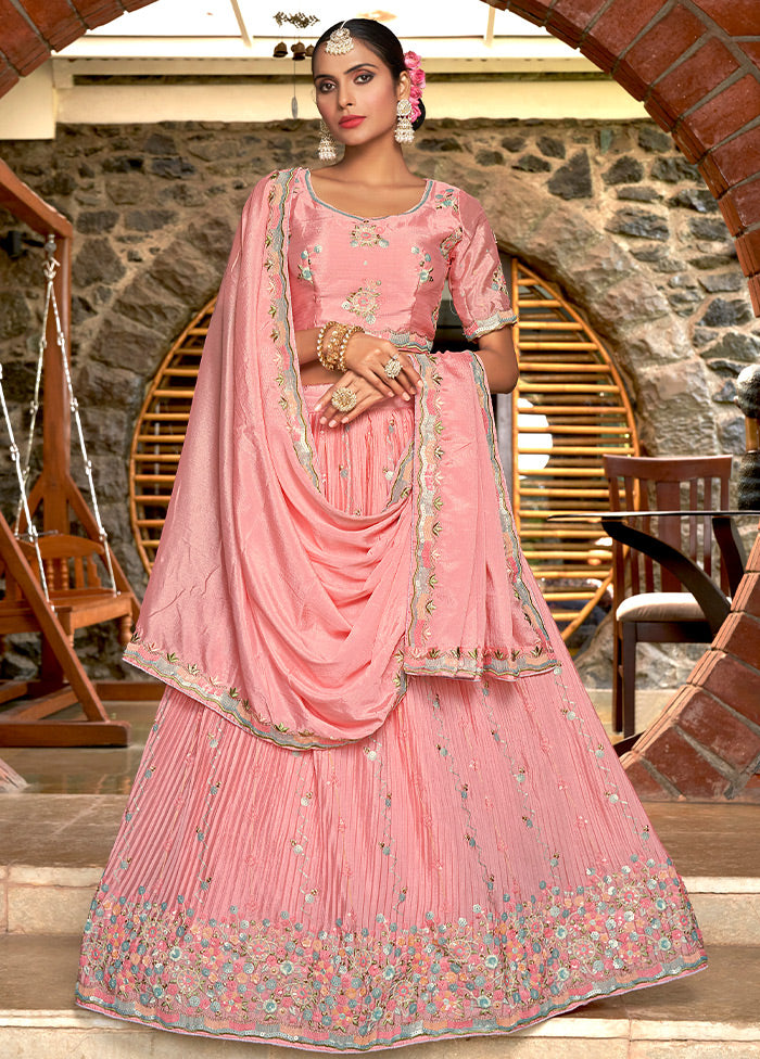 3 Pc Pink Silk Semi Stitched Lehenga Set - Indian Silk House Agencies