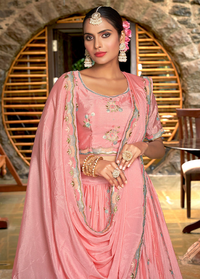 3 Pc Pink Silk Semi Stitched Lehenga Set - Indian Silk House Agencies