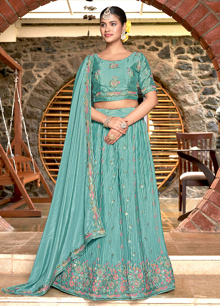 3 Pc Sky Blue Silk Semi Stitched Lehenga Set - Indian Silk House Agencies