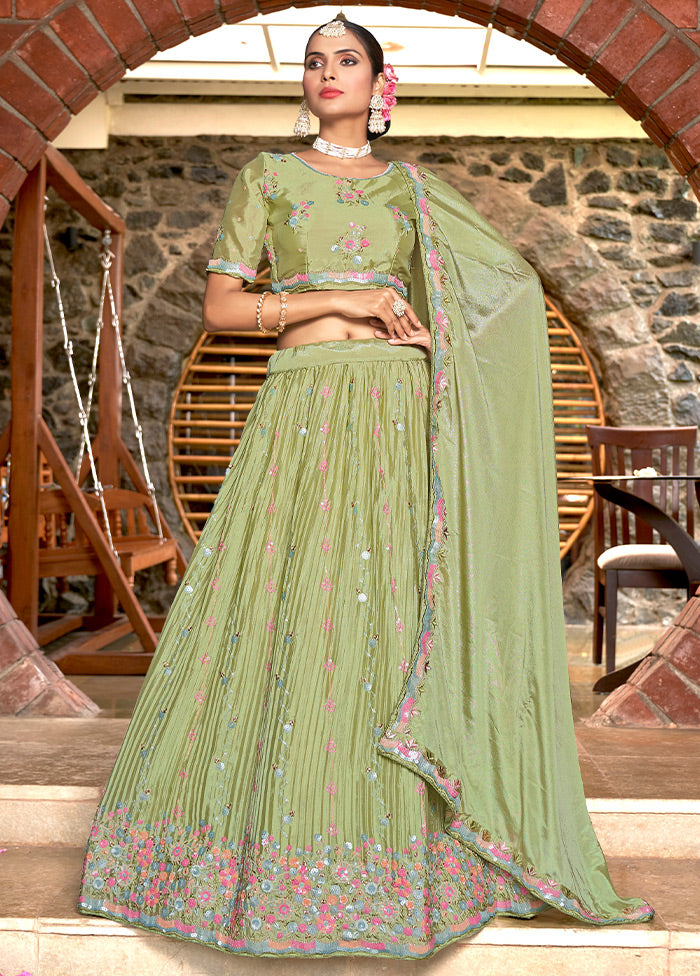 3 Pc Pista Green Silk Semi Stitched Lehenga Set - Indian Silk House Agencies