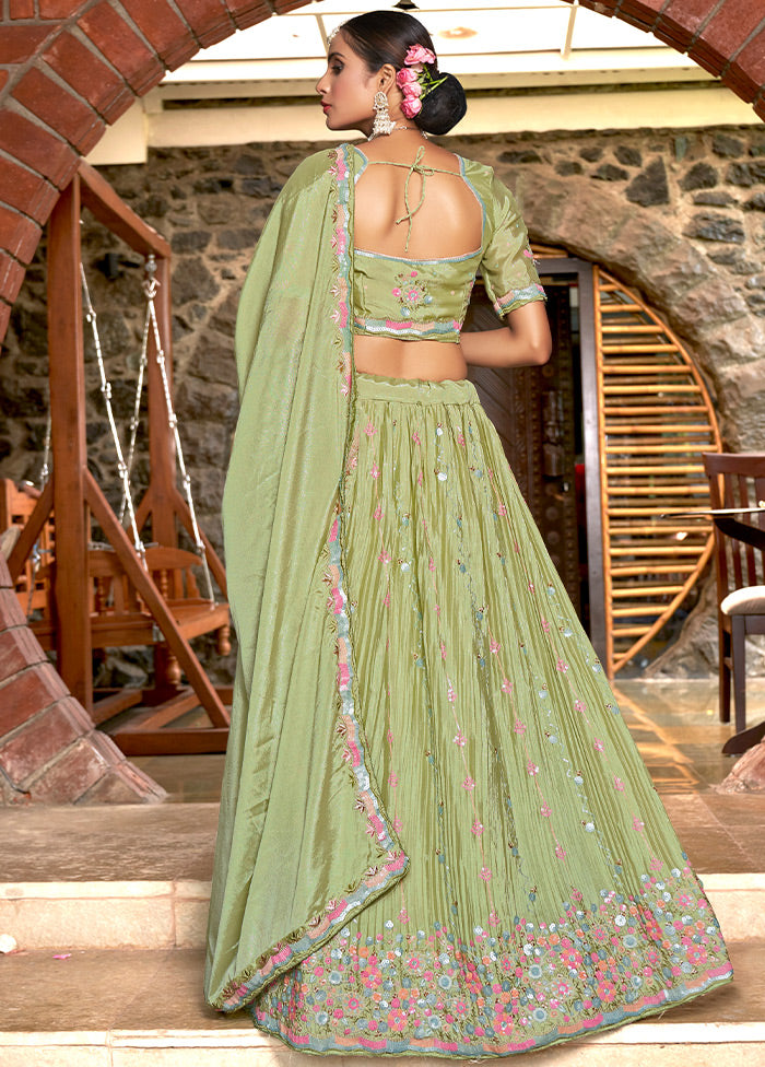 3 Pc Pista Green Silk Semi Stitched Lehenga Set - Indian Silk House Agencies