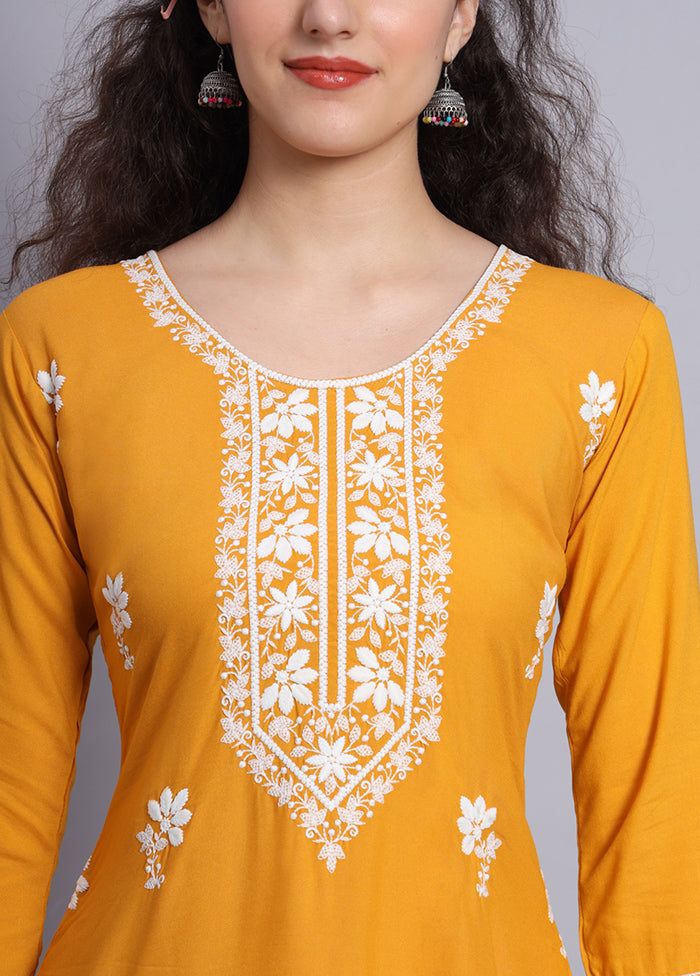 Yellow Readymade Rayon Chikankari Kurti - Indian Silk House Agencies