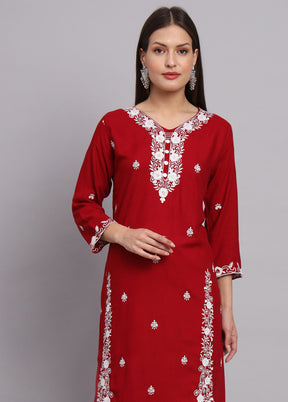 Red Readymade Rayon Chikankari Kurti - Indian Silk House Agencies