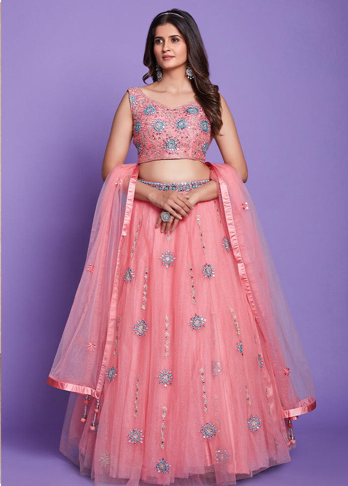 3 Pc Pink Silk Semi Stitched Lehenga Set - Indian Silk House Agencies