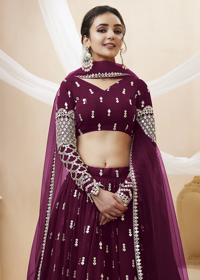 3 Pc Wine Georgette Semi Stitched Lehenga Set - Indian Silk House Agencies