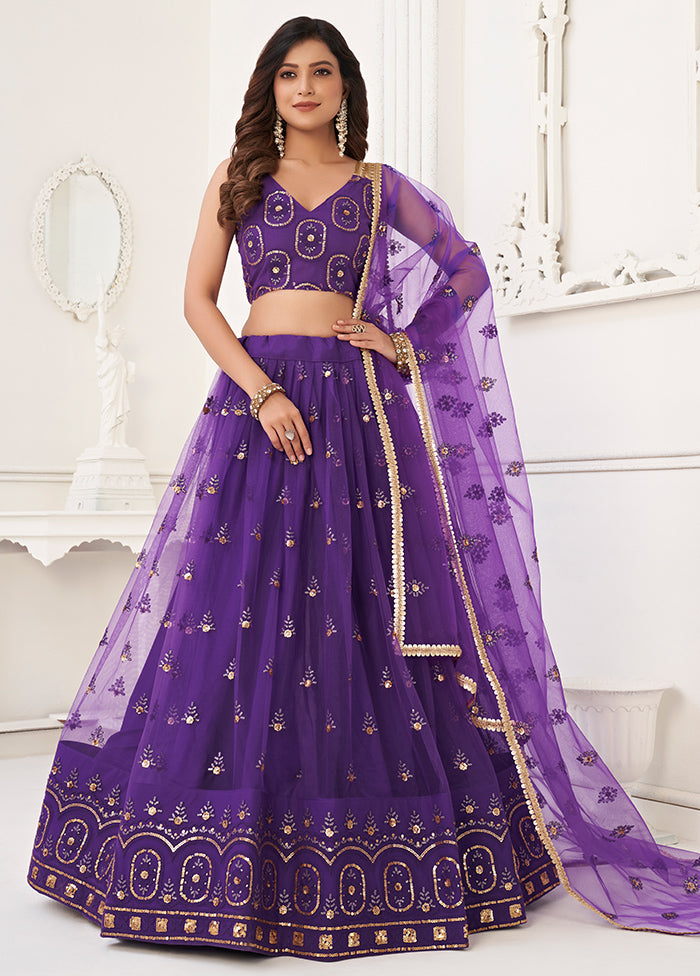 3 Pc Purple Net Semi Stitched Lehenga Set - Indian Silk House Agencies