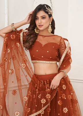 3 Pc Brown Net Semi Stitched Lehenga Set - Indian Silk House Agencies