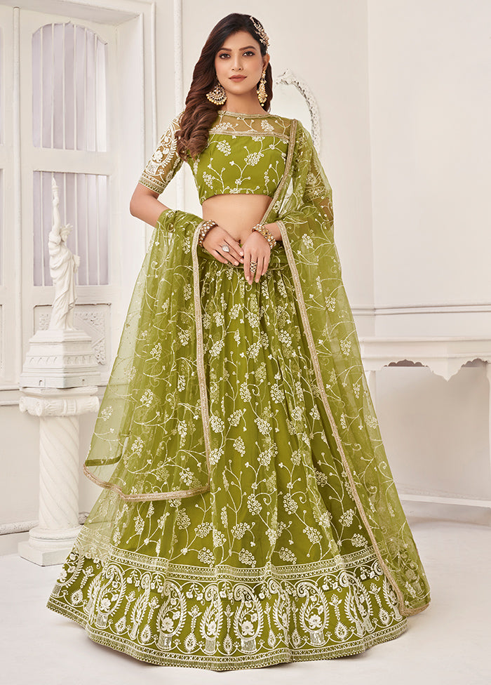 3 Pc Olive Green Net Semi Stitched Lehenga Set - Indian Silk House Agencies