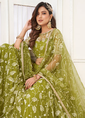 3 Pc Olive Green Net Semi Stitched Lehenga Set - Indian Silk House Agencies