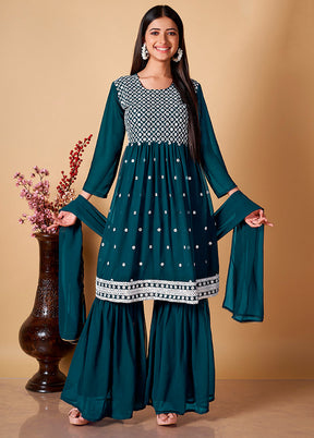 3 Pc Blue Readymade Georgette Sharara Suit Set - Indian Silk House Agencies
