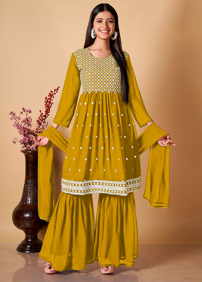 3 Pc Yellow Readymade Georgette Sharara Suit Set - Indian Silk House Agencies