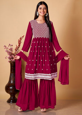 3 Pc Maroon Readymade Georgette Sharara Suit Set - Indian Silk House Agencies