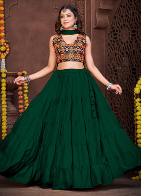 3 Pc Green Silk Semi Stitched Lehenga Set - Indian Silk House Agencies