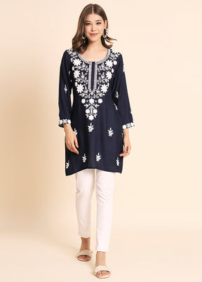 Navy Blue Readymade Rayon Kurti - Indian Silk House Agencies