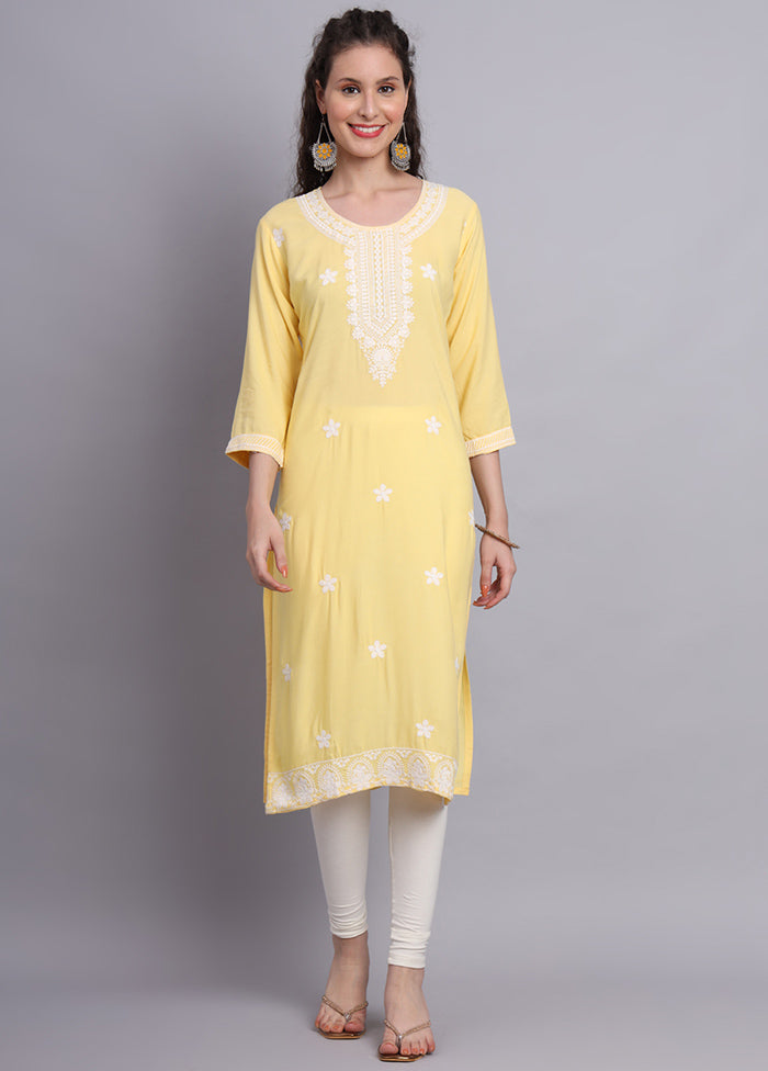 Yellow Readymade Rayon Chikankari Kurti - Indian Silk House Agencies