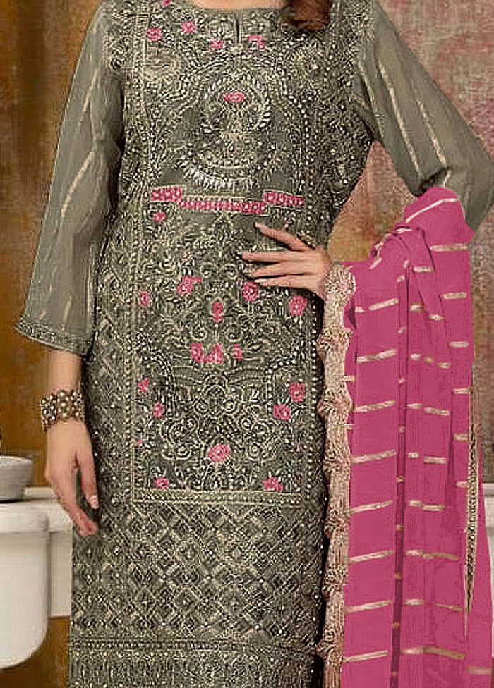 3 Pc Grey Semi Stitched Georgette Suit Set - Indian Silk House Agencies