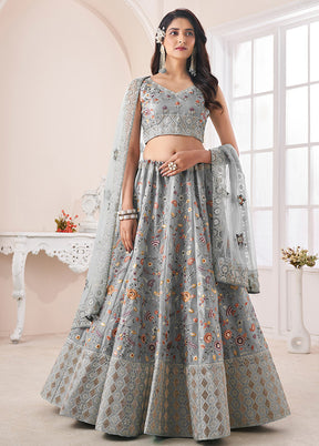 3 Pc Grey Silk Semi Stitched Lehenga Set - Indian Silk House Agencies