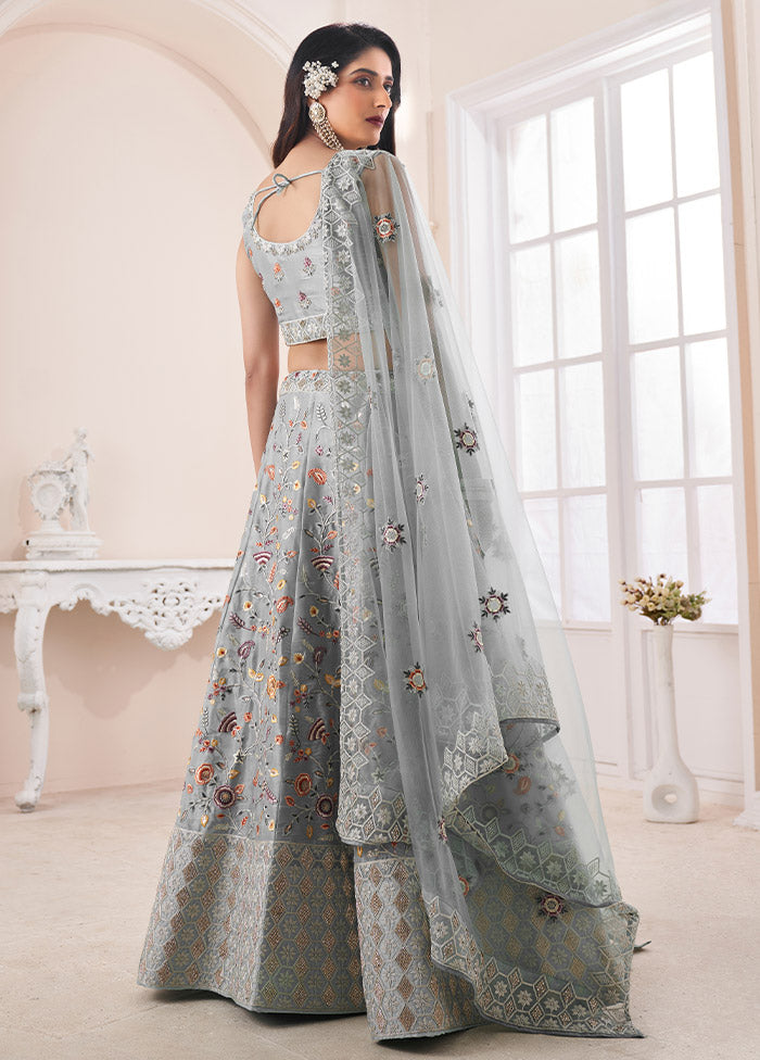 3 Pc Grey Silk Semi Stitched Lehenga Set - Indian Silk House Agencies