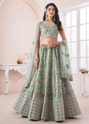 3 Pc Green Silk Semi Stitched Lehenga Set - Indian Silk House Agencies