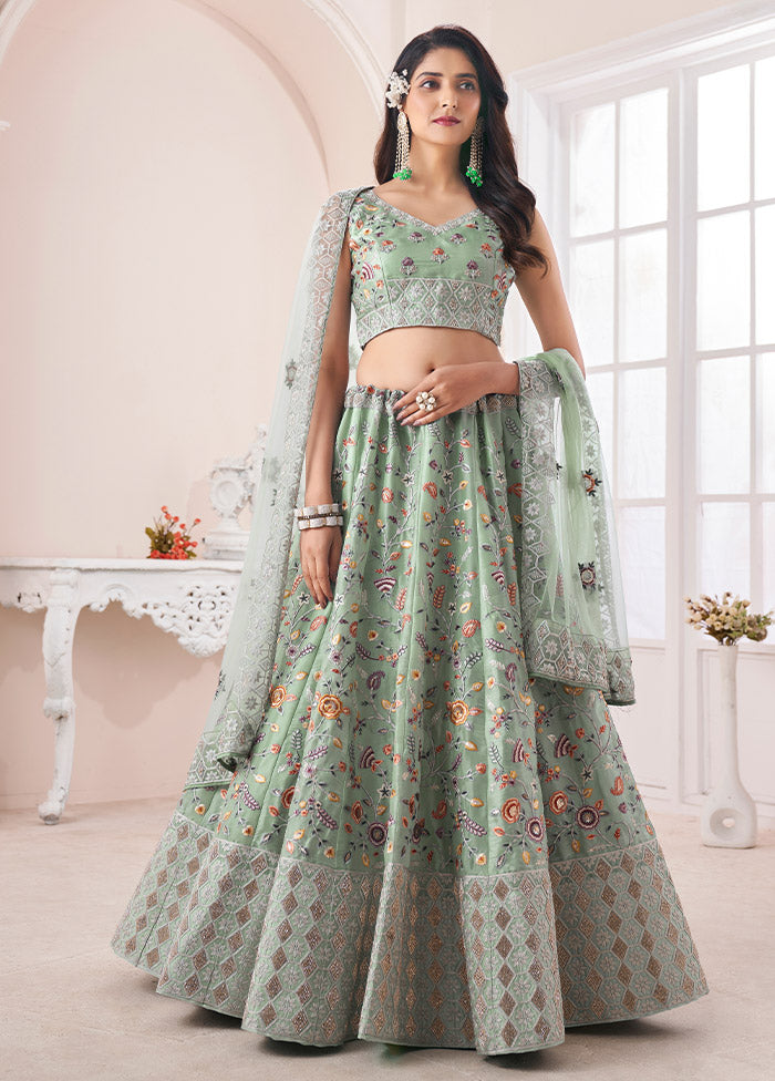 3 Pc Green Silk Semi Stitched Lehenga Set - Indian Silk House Agencies