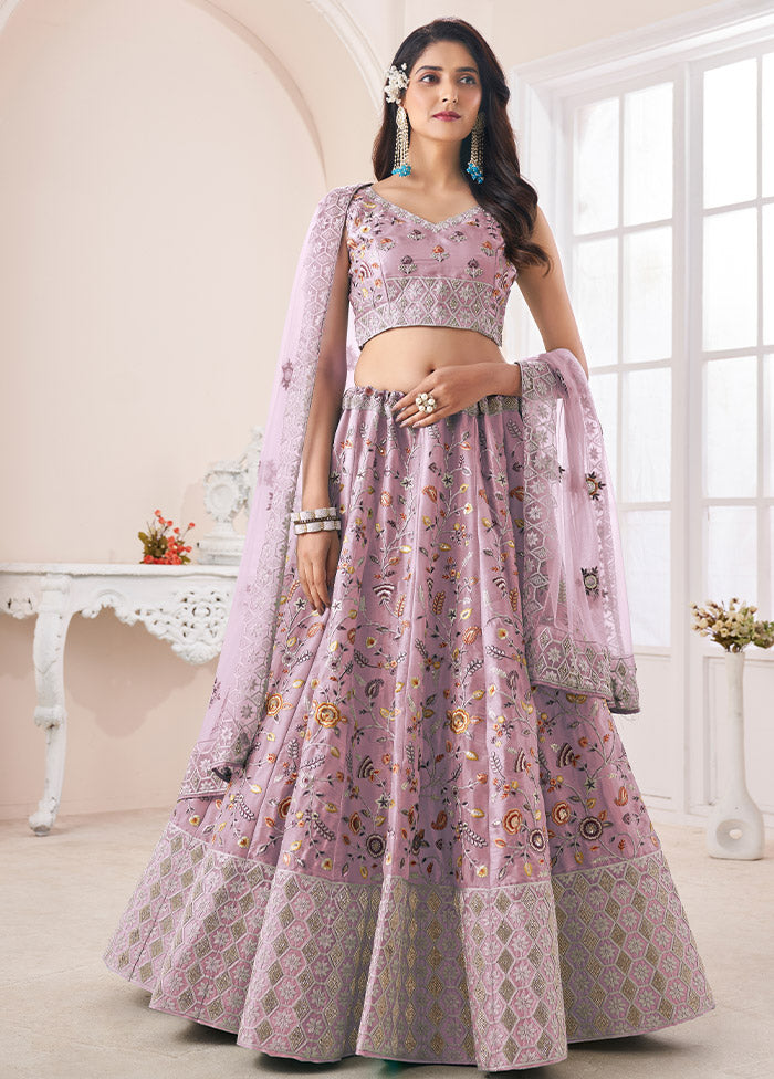 3 Pc Purple Silk Semi Stitched Lehenga Set - Indian Silk House Agencies
