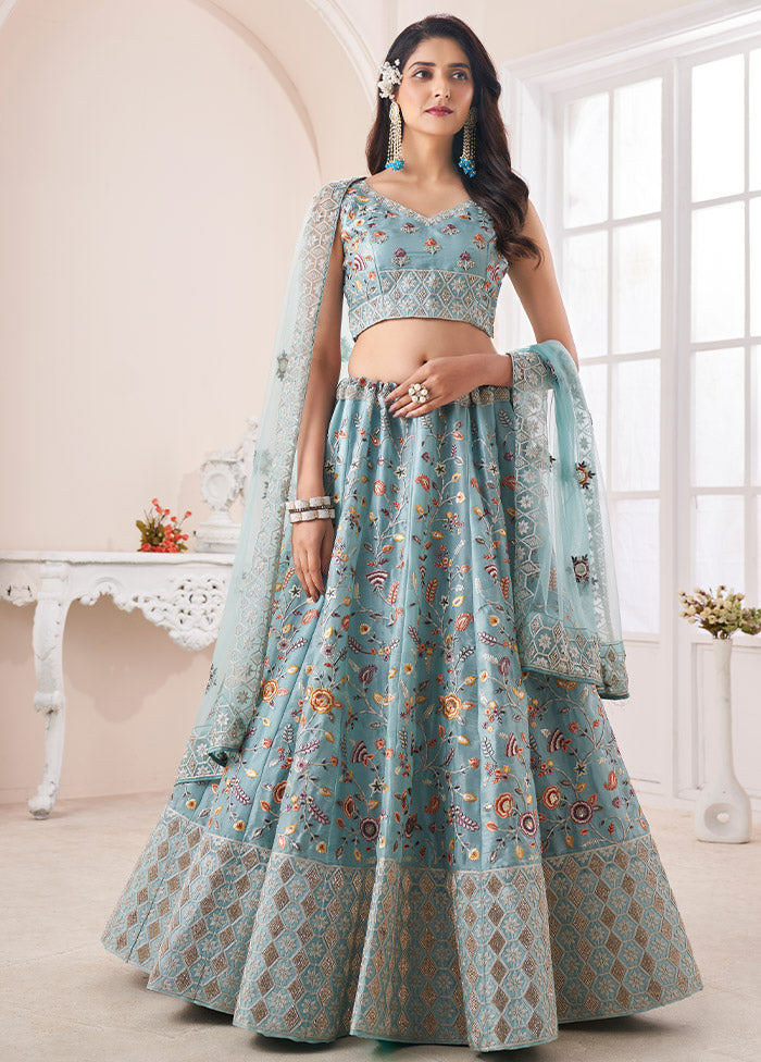 3 Pc Blue Silk Semi Stitched Lehenga Set - Indian Silk House Agencies