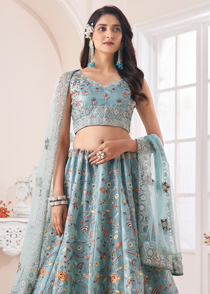 3 Pc Blue Silk Semi Stitched Lehenga Set - Indian Silk House Agencies