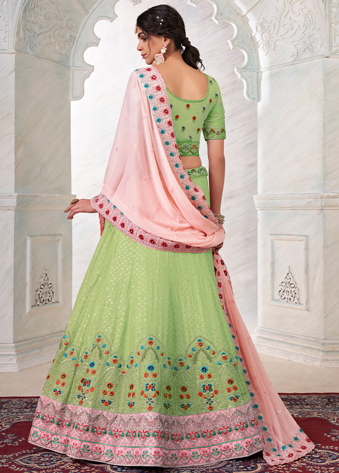 3 Pc Green Georgette Semi Stitched Lehenga Set - Indian Silk House Agencies