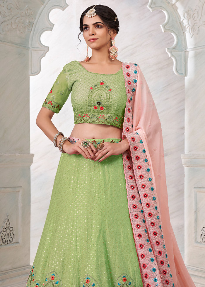 3 Pc Green Georgette Semi Stitched Lehenga Set - Indian Silk House Agencies