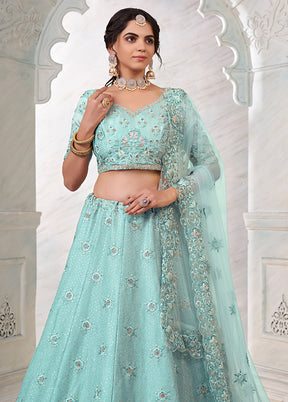 3 Pc Sea Green Silk Semi Stitched Lehenga Set - Indian Silk House Agencies