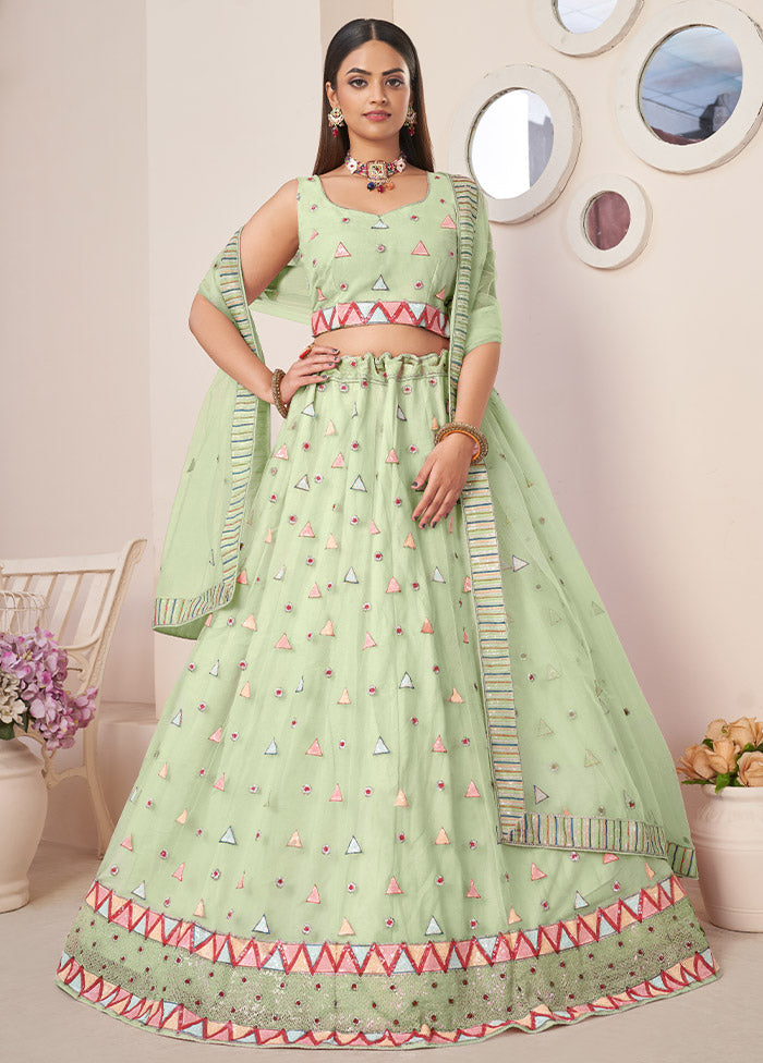 3 Pc Green Net Semi Stitched Lehenga Set - Indian Silk House Agencies